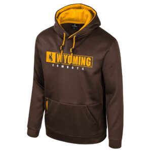 brown hooded sweatshirt with design center chest in gold. Boxed wyoming with bucking horse, side by side