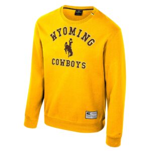 gold crewneck with brown design on front. Arced wyoming with bucking horse under and cowboys at bottom