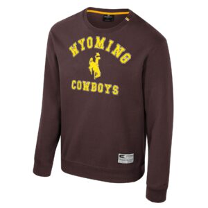brown crewneck with gold design on front. Arced wyoming with bucking horse under and cowboys at bottom