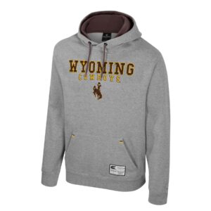 Grey hooded sweatshirt with design center chest. Wyoming in brown with gold outline, cowboys under in gold and bucking horse at bottom