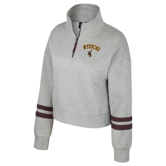 grey quarter zip with brown arm bands on forearms. Small wyoming and bucking horse on left chest in brown with gold outline