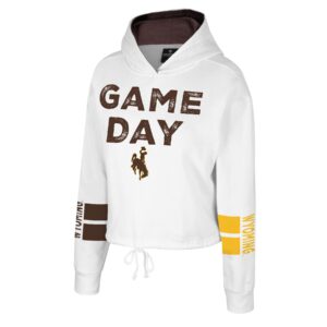 white hooded sweatshirt with game day in large text center chest in brown. brown and gold arm band