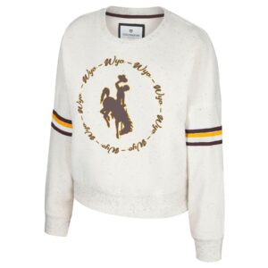 off white crewneck sweatshirt with circle design on front. Circle made up of brown wyo with brown bucking horse in center. brown and gold arm bands on both sides