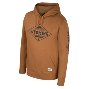 brown hooded sweatshirt with Dimond shaped design. in dimond, with wyoming and bucking horse in black.
