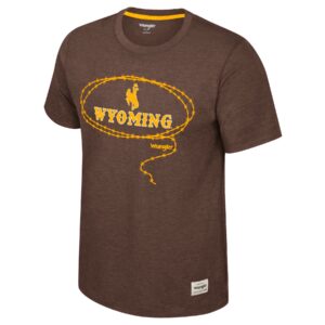 brown short sleeve tee with all gold design on front. Bucking horse with wyoming under. barbed wire back around it