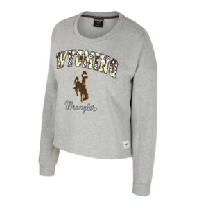 grey crewneck sweatshirt with wyoming with southwest fill pattern. brown bucking horse under and wrangler at bottom