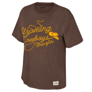 Brown short sleeve tee with all gold design center chest. script wyoming cowboys with rope and cowboy hat