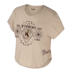 tan short sleeve tee with wester patter on chest in brown with wyoming on top in brown