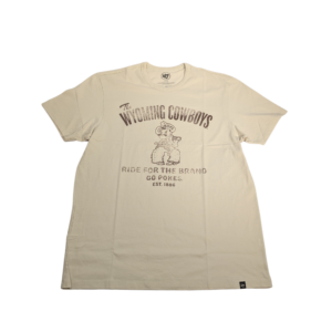 eggshell short sleeve tee with arced the wyoming cowboys in brown at top, with pistol pete under and ride for the brand at bottom. All text is brown