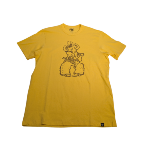 gold short sleeve tee with large pistol pete outline in brown center chest