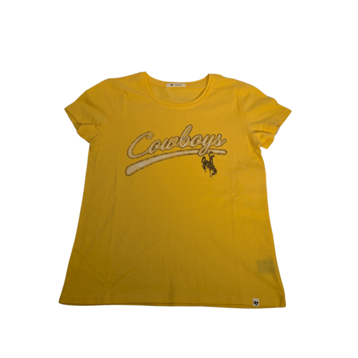 Gold short sleeve tee with script cowboys in white with brown outline and brown bucking horse under