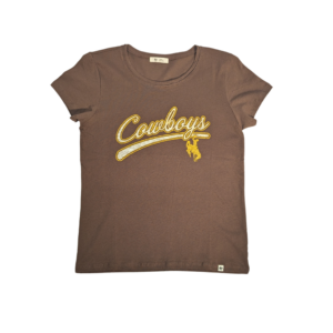 brown short sleeve tee with script cowboys in white with gold outline center chest