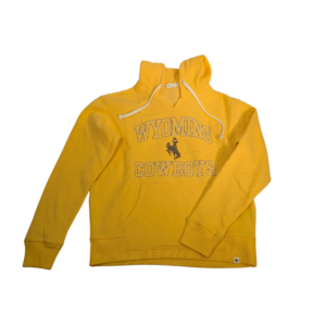 gold v-neck hooded sweatshirt with design on center chest. faded white wyoming cowboys with brown outline. solid brown bucking horse between words