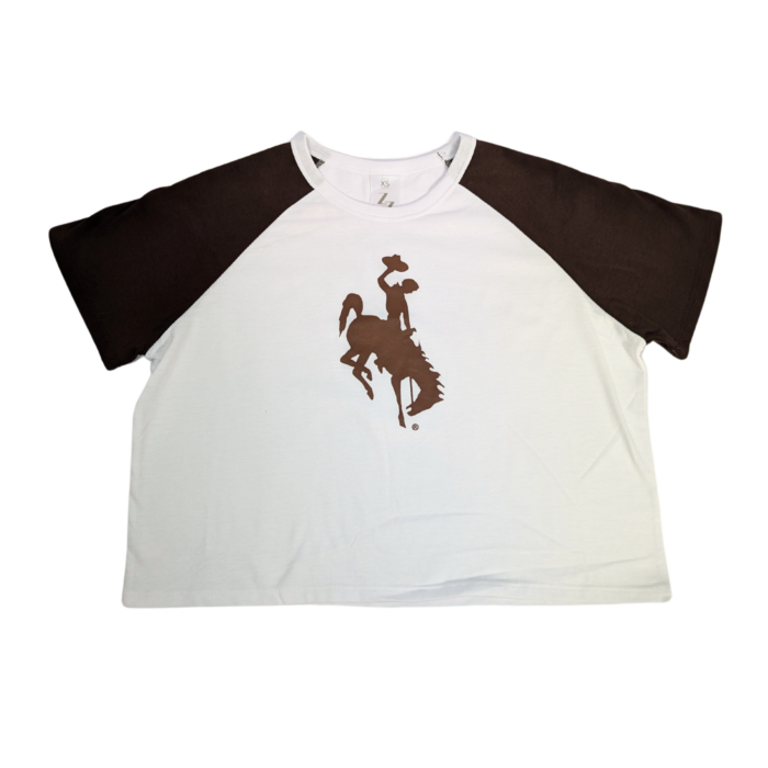 white and brown crop top short sleeve. shoulders and sleeves are brown and body is white with large brown bucking horse center chest.