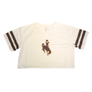 white mesh jersey with brown stripe arm bands on both arms with brown bucking horse with gold outline