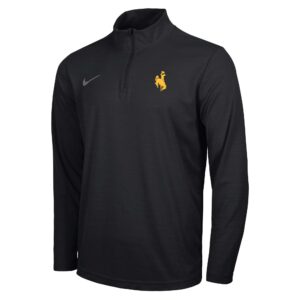 black quarter zip with nike swoosh in grey on right chest and gold bucking horse on left chest