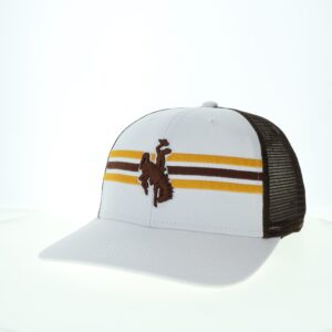 white and brown adjustable hat. two panel front in white with gold and brown stripes through center and brown bucking horse center. Brown mesh backing