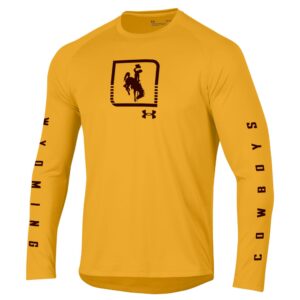 gold long sleeve tee with wyoming down right sleeve and cowboys up left sleeve in brown. brown box center chest with brown bucking horse in center.