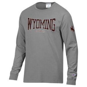grey long sleeve tee with wyoming in brown with white outline center chest