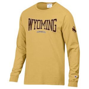 gold long sleeve tee with wyoming in brown with white outline center chest