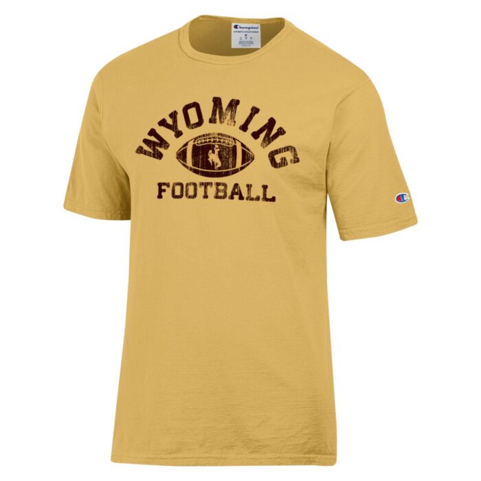 gold short sleeve tee with design in all brown. Arced wyoming with a football within arc, word football under