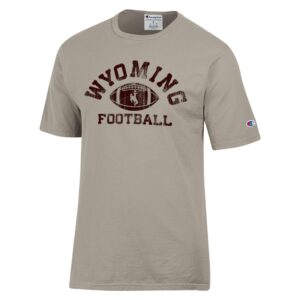 beige short sleeve tee with design in all brown. Arced wyoming with a football within arc, word football under