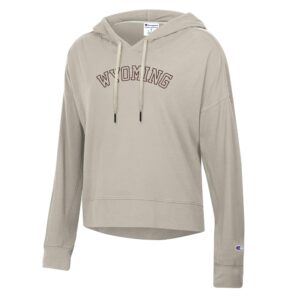 off white hooded sweatshirt with design center chest. Design in brown outline of arced Wyoming.