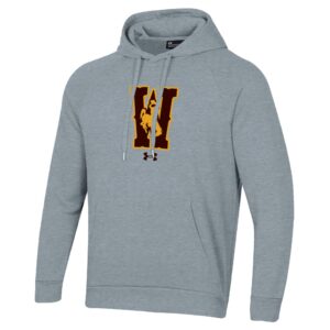 grey hooded sweatshirt with design on front center chest. Lage brown W with gold outline and gold bucking horse in center of W.