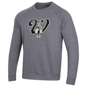 Navy grey crewneck sweatshirt with design on center chest. Black script W with white outline, with black and white pistol pete on center of W