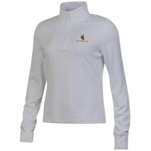 white womens quarter zip with small design on left chest. bucking horse with wyoming under all in brown