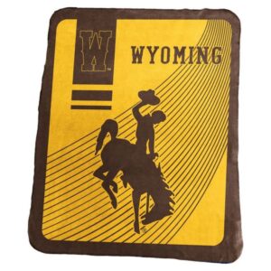 brown and gold throw banket with large, brown, bucking centered with brown block W in right corner and wyoming in brown on left upper corner