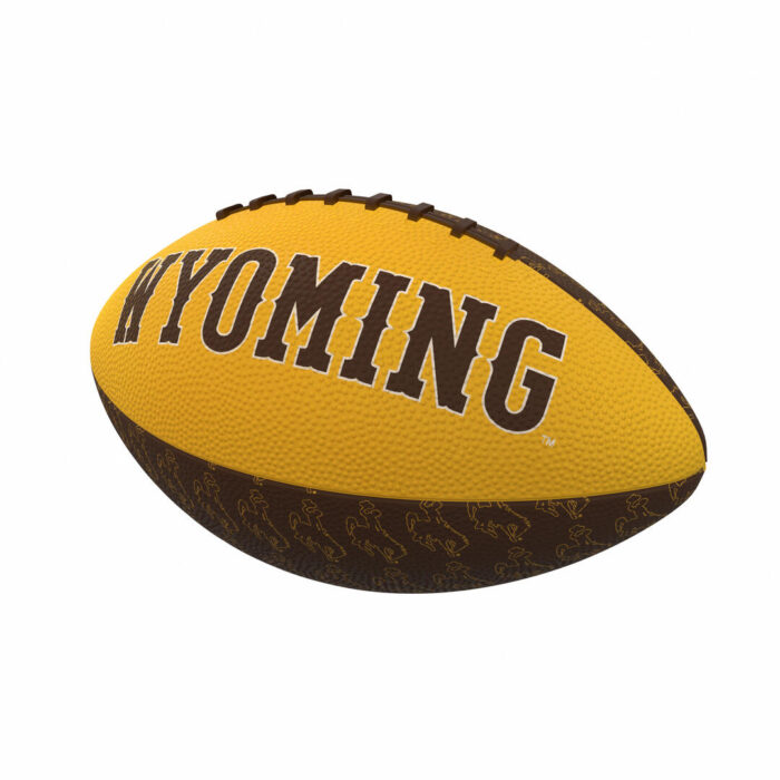 brown and gold mini rubber football with brown wyoming on one side and bucking horses in brown sections