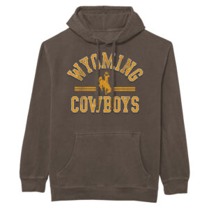 brown hooded sweatshirt with design front chest. at top, arced wyoming, bucking horse under, and cowboys at bottom. All gold with white outline