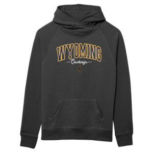dark grey hooded sweatshirt with design center chest. Arced wyoming in brown with gold and white outline. Script cowboys under in white, bucking horse at bottom