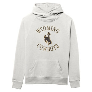 grey hooded sweatshirt with design center chest. Arced wyoming with bucking horse in middle and cowboys at bottom. all text is brown with gold outline.
