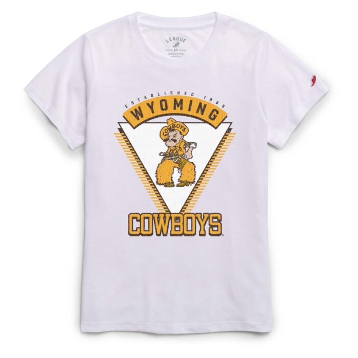 white short sleeve tee with design on front. Blocked in gold, brown wyoming arced with white triangle under. Pistol pete within triangle, cowboys in gold at bottom.