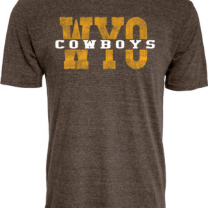 brown short sleeve tee with large design center chest. Large gold WYO with white cowboys going through center of wyo.