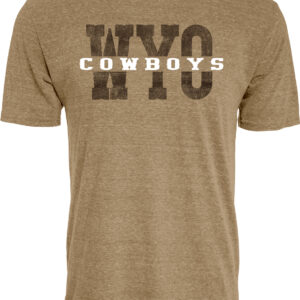 russet short sleeve tee with large design center chest. Large brown WYO with white cowboys going through center of wyo.