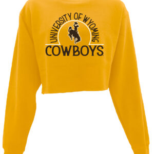gold cropped crewneck with design center chest. all text is brown. arced university of Wyoming with bucking horse within arc. Cowboys at bottom