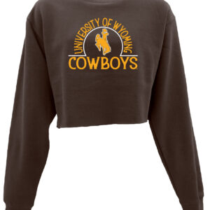 brown cropped crewneck with design center chest. all text is gold. arced university of Wyoming with bucking horse within arc. Cowboys at bottom