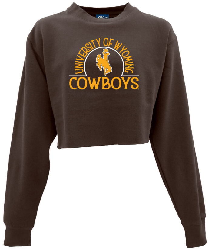 brown cropped crewneck with design center chest. all text is gold. arced university of Wyoming with bucking horse within arc. Cowboys at bottom