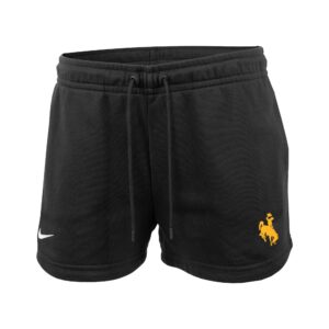 black womens shorts with elastic waist and drawcords, gold bucking horse of left thigh and nike swoosh on other leg