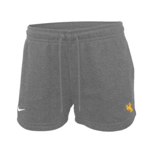 grey womens shorts with elastic waist and drawcords, gold bucking horse of left thigh and nike swoosh on other leg