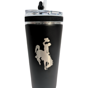 26oz ice shaker bottle, black with clear lid. steel etched bucking horse on one side.