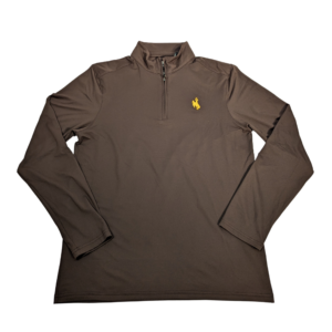 brown quarter zip with small, embroidered bucking horse on left chest in gold