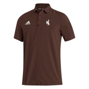 brown polo with adidas logo on right chest and bucking horse on left chest. both are in white