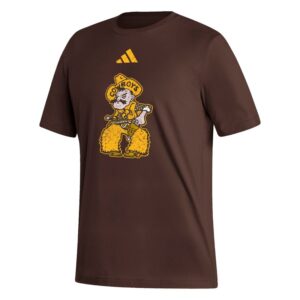 brown short sleeve tee with large in-color pistol pete center chest. with adidas logo at top under neck