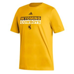gold short sleeve tee with boxed in design. Half box is brown other half is white with wyoming cowboys in gold. brown bucking horse under