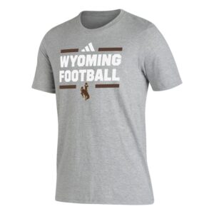 grey short sleeve tee with white text center chest. text is Wyoming football with brown bucking horse under
