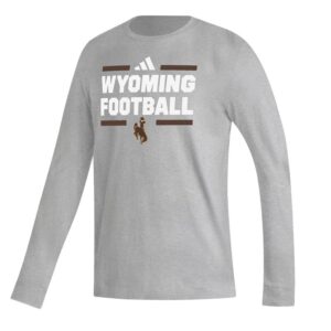 grey long sleeve tee with white text center chest. text is Wyoming football with brown bucking horse under